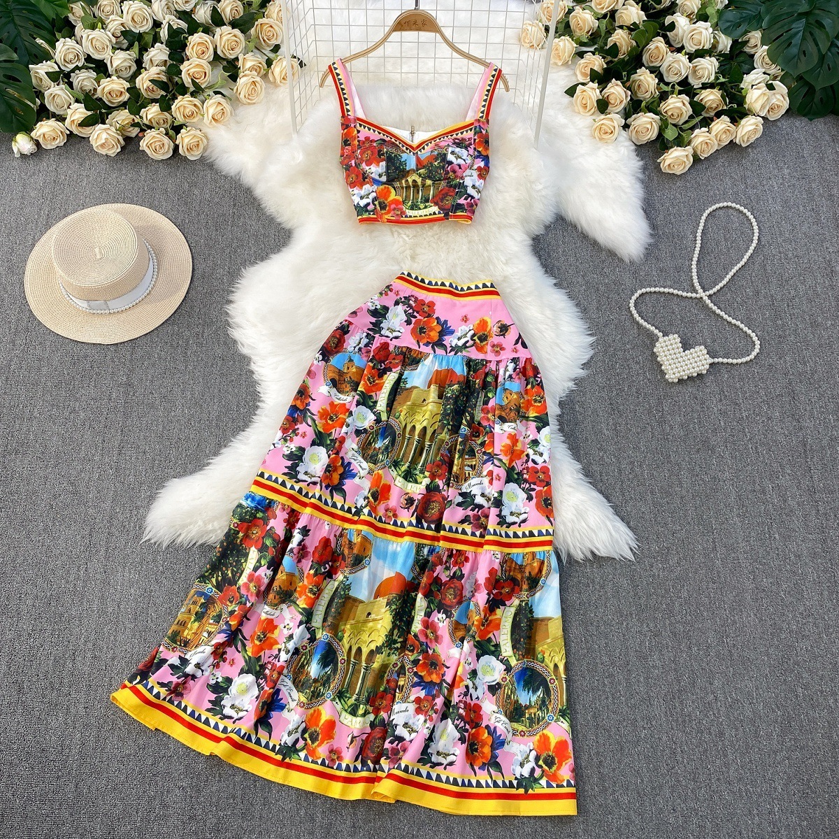 Two Piece Dress Summer Boho Beach Holiday Two Piece Set Women Skirt Suit Sexy Strapless Crop Top And High Waist Pleated Long Skirt Outfits 230801