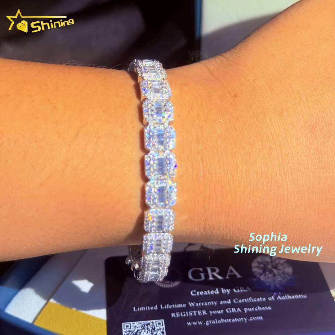 Unique Design 10mm Chain Iced Out baguette 925 Sterling Silver Hip Hop VVS Moissanite Cluster Tennis Cuban Link Chain Bracelet
