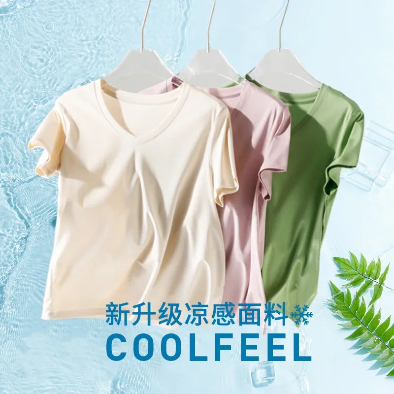 High end 10% silk and commodity cotton womens Tshirt luxurious threeway short sleeved feel summer wear top VO collar 250407