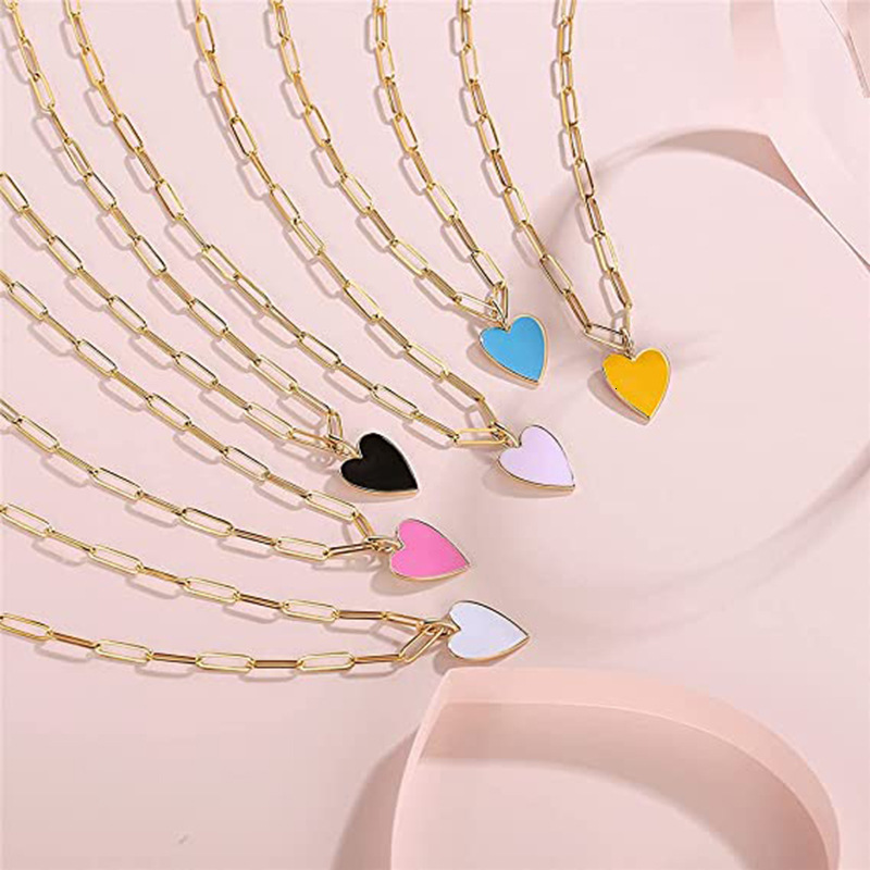 Top Source Colorful Heart shaped Jewelry Gold Plated Stainless Steel Paper Clip Cute Exquisite Necklace for Women, Youth and Girls