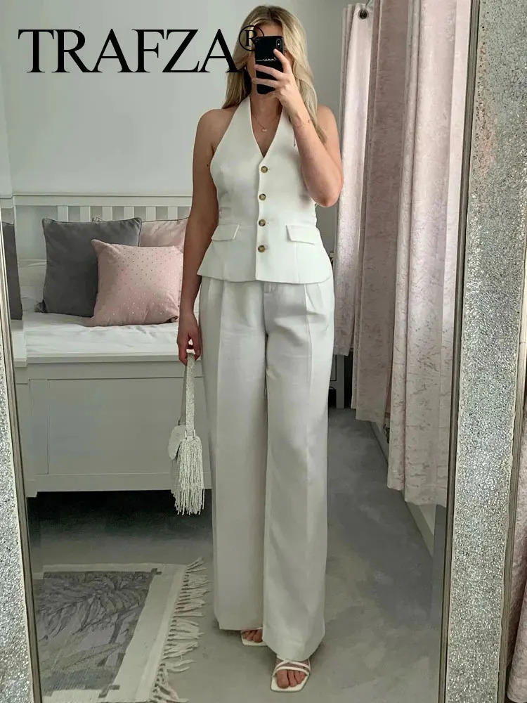 TRAFZA Women Fashion Solid Pant Suit Holder Single Breasted Sleeveless Blazer Vest Top Zipper Fly Trousers Office Lady Sets 250313