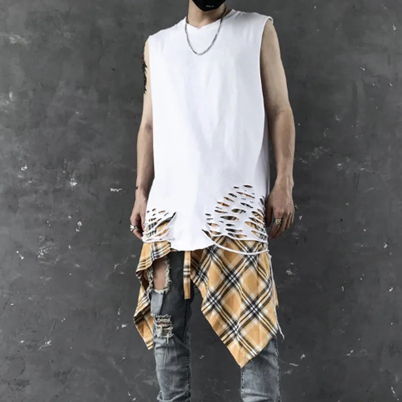 Mens summer ripped hole retro punk vest street hip-hop vest mens oversized vest sleeveless shirt 250403