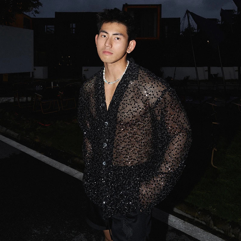 FEWQ American Niche Shiny Silver Sequins Hollowed Out Long Sleeved Shirt Solid Color Male Tops Fashion 24E1715 250407