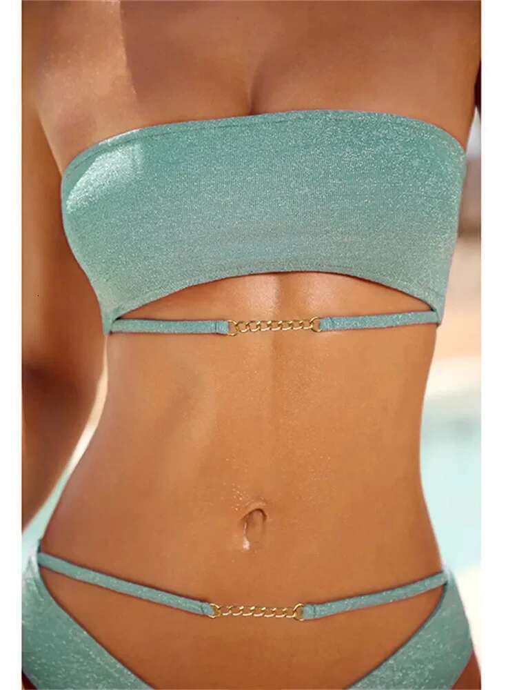 Dongdumaoyi Shiny Bikini Women Sexy Green Bandeau Cut Out Push Up Swimsuit Brazilian Metal Chain Patchwork Bathing Suit Thong Swimwear