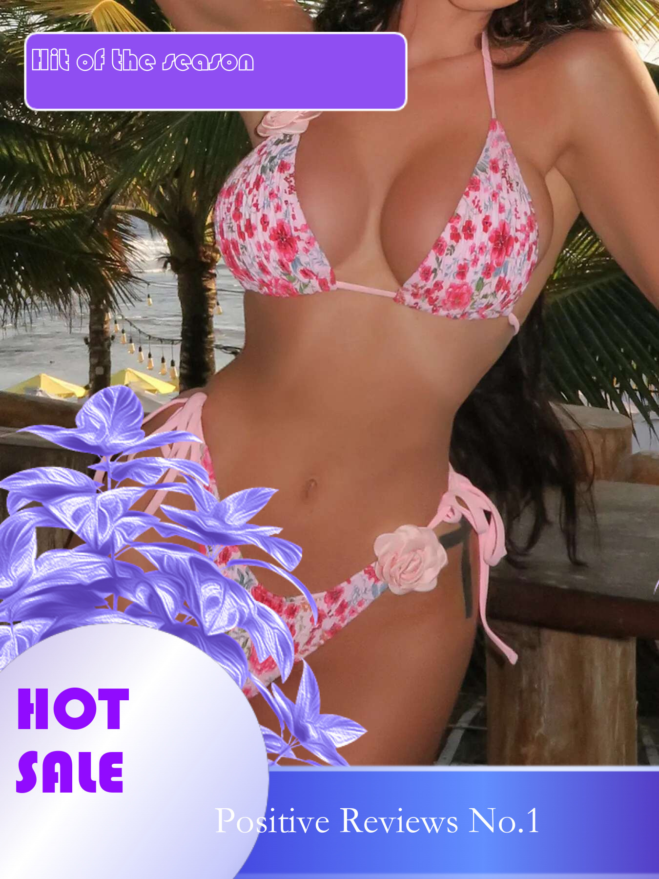 Dongdumaoyi Sexy Pink D Floral Designer Bikini Set Women Pleate Push Up Bra Tie Side Thong Swimsuit Beach Bathing Suit Micro Swimwear