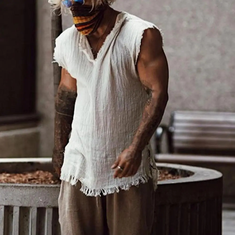 Mens Tank Top Solid Color Casual Personal Vintage Loose Style Tear Edge V-neck Sleeveless Mens Tank Top Daily Clothing 250403