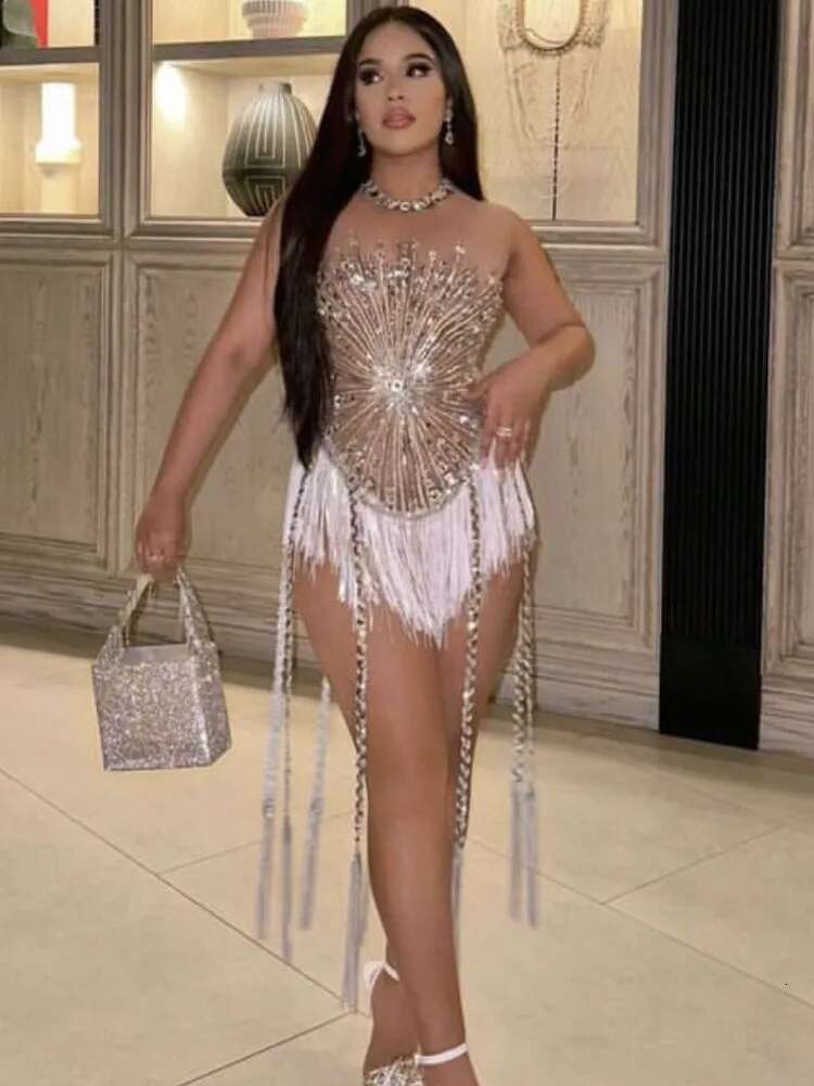Sliver Sequins Shining Dias Long Tassel Sleeveless Mini High Quality Evening Dress Woman Birthday Party Outfit