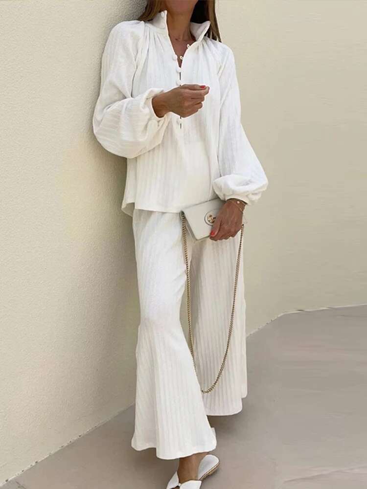 Women Solid Wide Leg Pants Suit Chic Stand Collar Single Breasted Long Lantern Sleeves Shirt 2024 New Streetwear Lady 2 Pcs Set