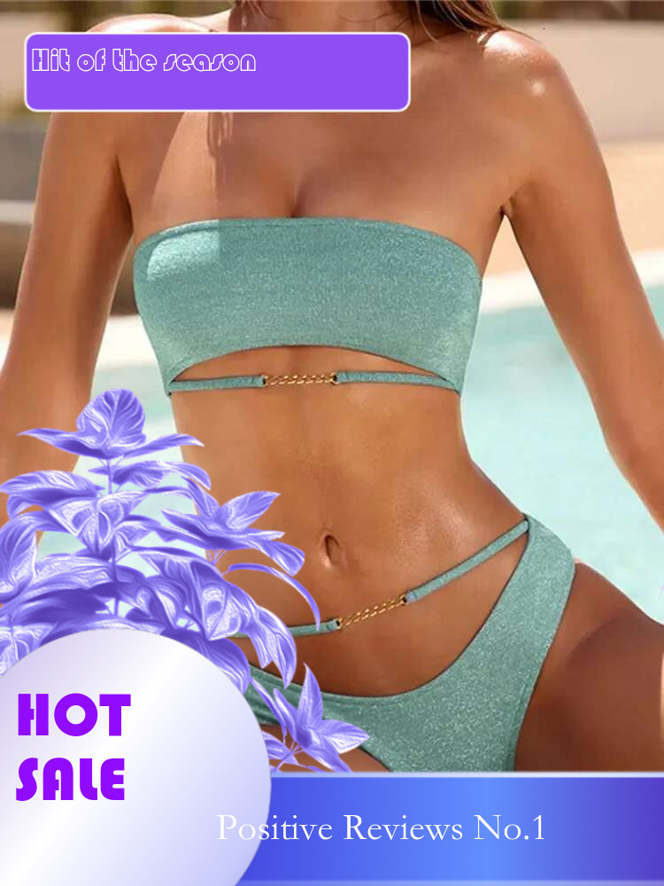Dongdumaoyi Shiny Bikini Women Sexy Green Bandeau Cut Out Push Up Swimsuit Brazilian Metal Chain Patchwork Bathing Suit Thong Swimwear