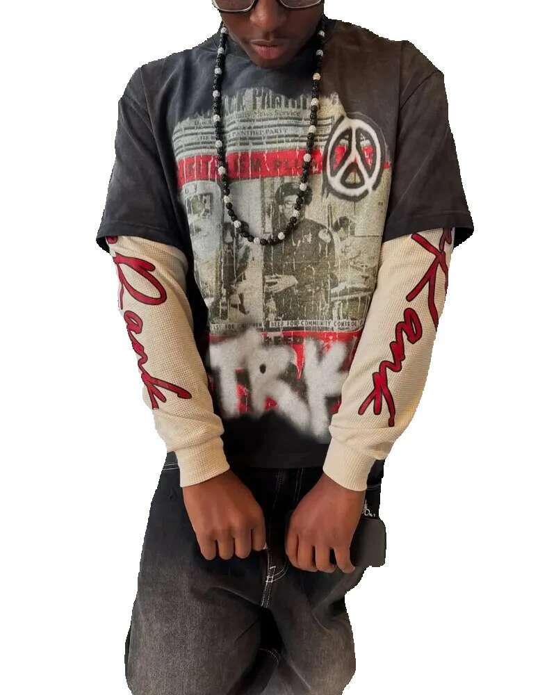 Y2K - Men's oversized T-shirt, streetwear, haruku, lettering, fashion, casual, loose, synthetic two-piece top set