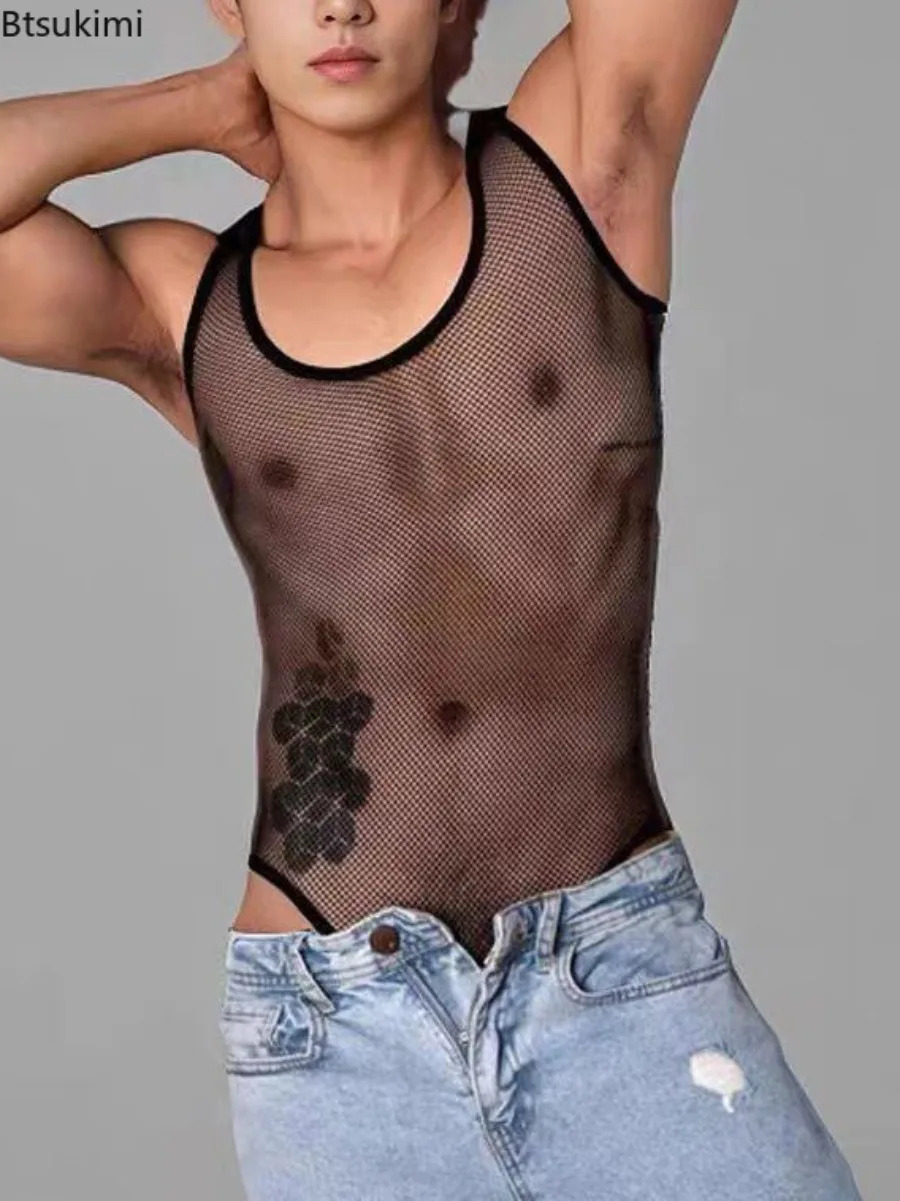 Fashionable mens sleeveless mesh jumpsuit vest breathable and sexy hollow appearance for casual home wear mens triangle tight fitting clothes 250403