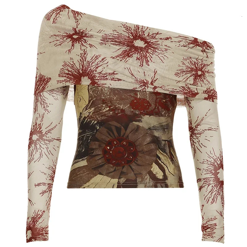 Retro Y2K aesthetic floral print slanted neck long sleeved Tshirt with mesh see through cut top for womens retro fashion 250407