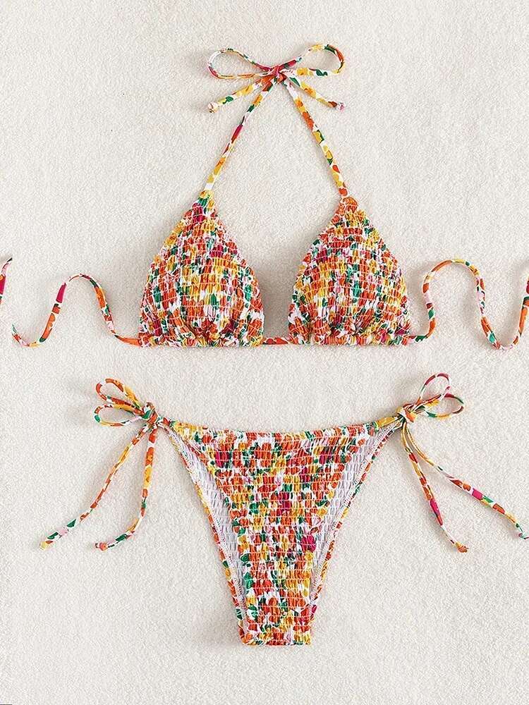 Dongdumaoyi Sexy Micro Bikini Women Pink Floral Print Pleate Tie Side Triangle Swimsuit Brazilian Halter Push Up Bathing Suit Swimwear