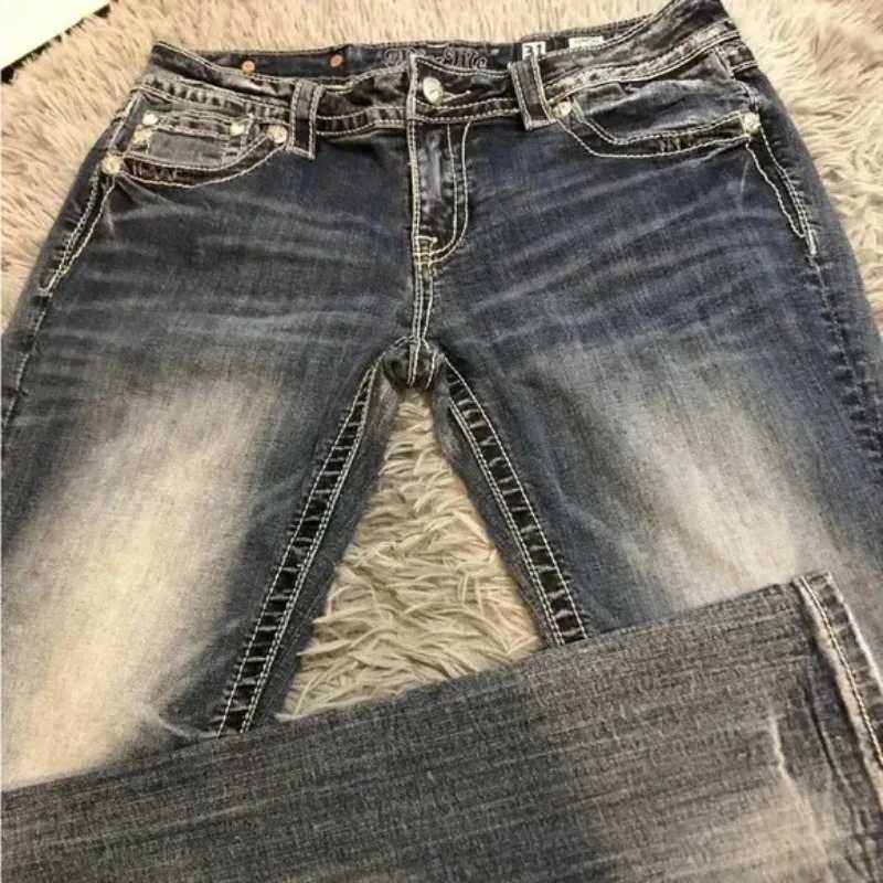 American Retro Miss Me Boots Tailored Baggy Jeans Female Y2K New Embroidered Wing Pocket Harajuku Gothic Hip-Hop Wide-Leg Jeans W251107