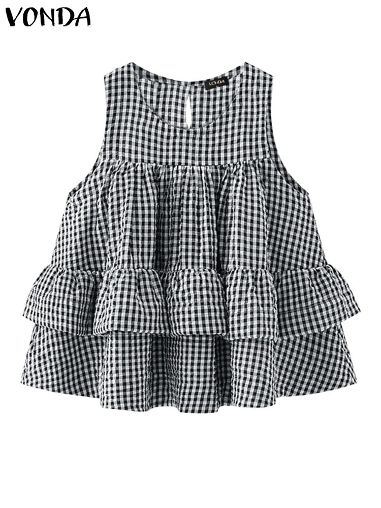 VONDA Womens Tank Top Sleeveless Plain Shirt Ruffle Camispo Bohemian Casual Oneck Tshirt Summer Oversized 250407