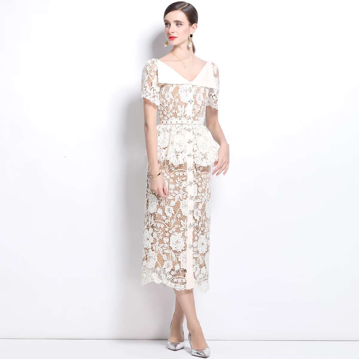 Quality Summer Beaded Dias Embroidery Beige White Lace Evening Dress Women Short Sleeve Ruffle Peplum Midi Prom Dresses Long