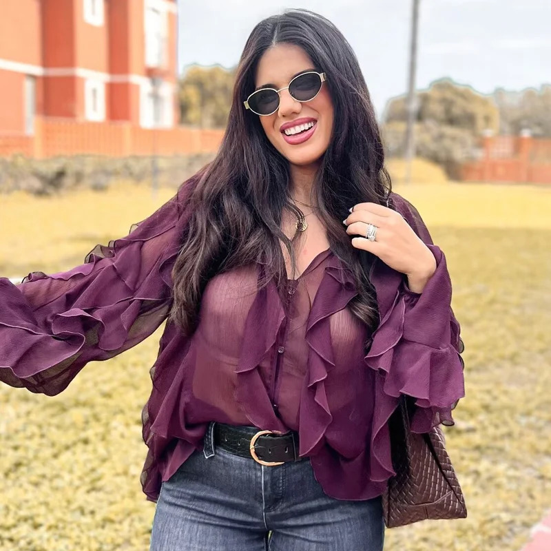TRAF Womens Yellow Purple Shirt and Summer Ruffle Long Sleeve Fashion Layered Translucent 250407