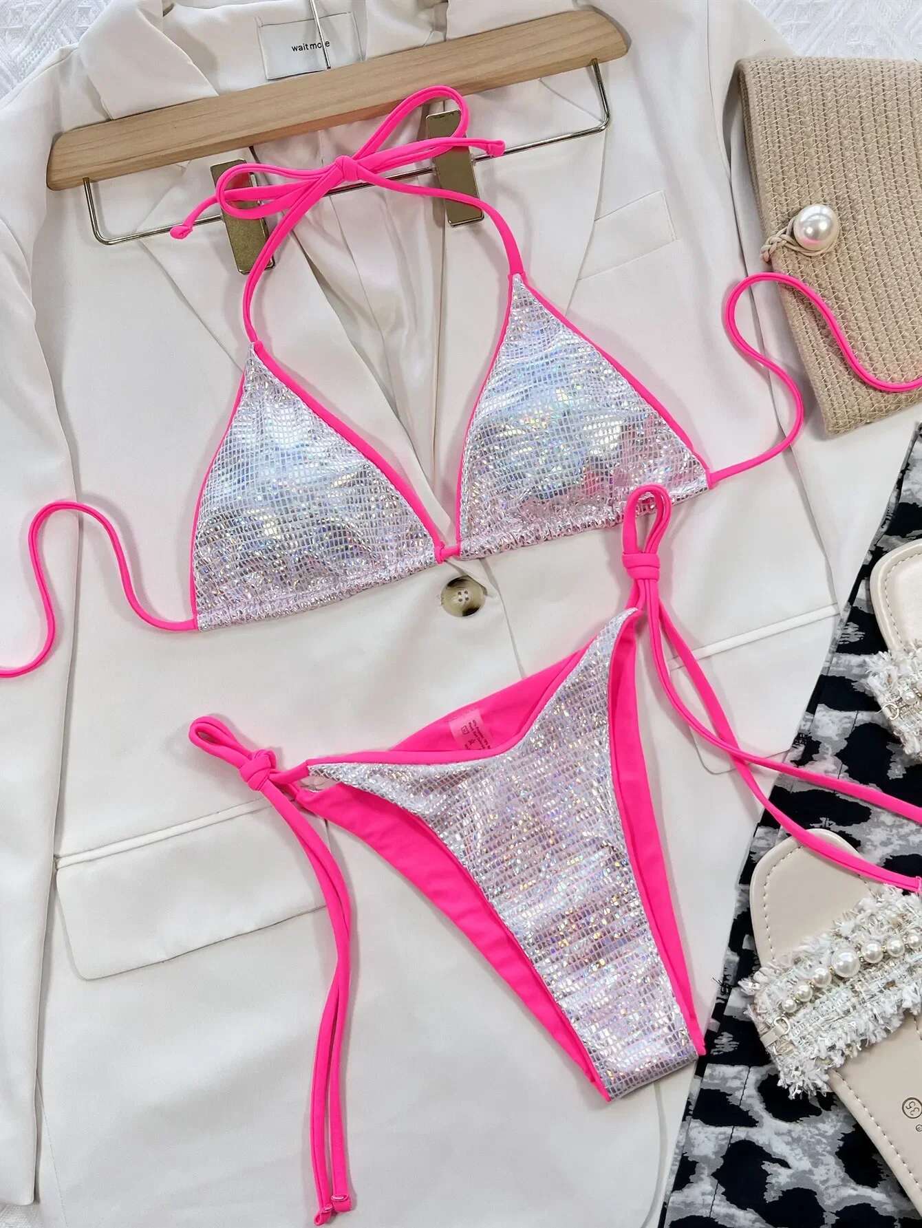 Dongdumaoyi Shiny White Patchwork Bikini Set Women Sequin Tie Side Thong Swimsuit Beach Bathing Suit Push Up Contrast Micro Swimwear