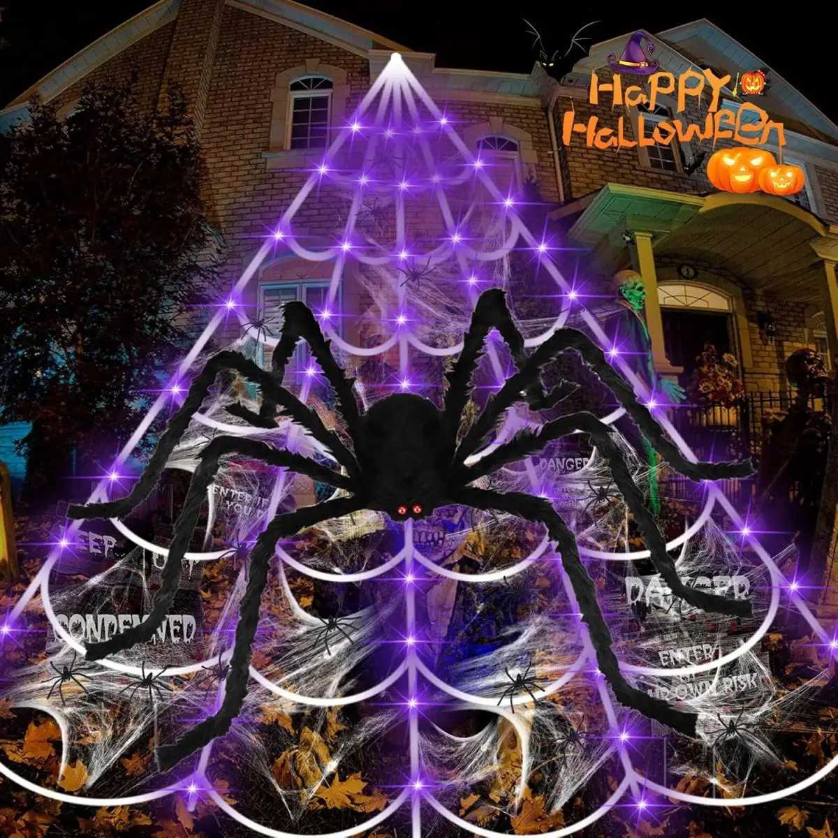1pc Halloween Spider Web Lights with Large Spider And 200LED Purple String Light For Home Garden Holiday Halloween Decoration W251107