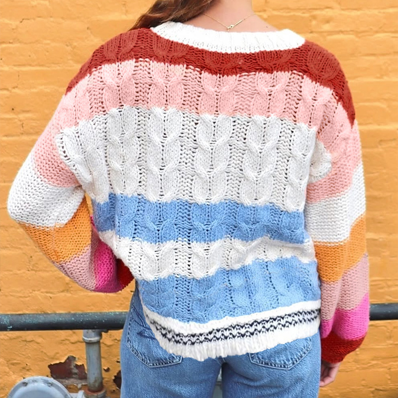 Women's color-block striped top, round-neck long-sleeve sweater, casual street chic, popular in autumn and winter, versatile for outings, women&#