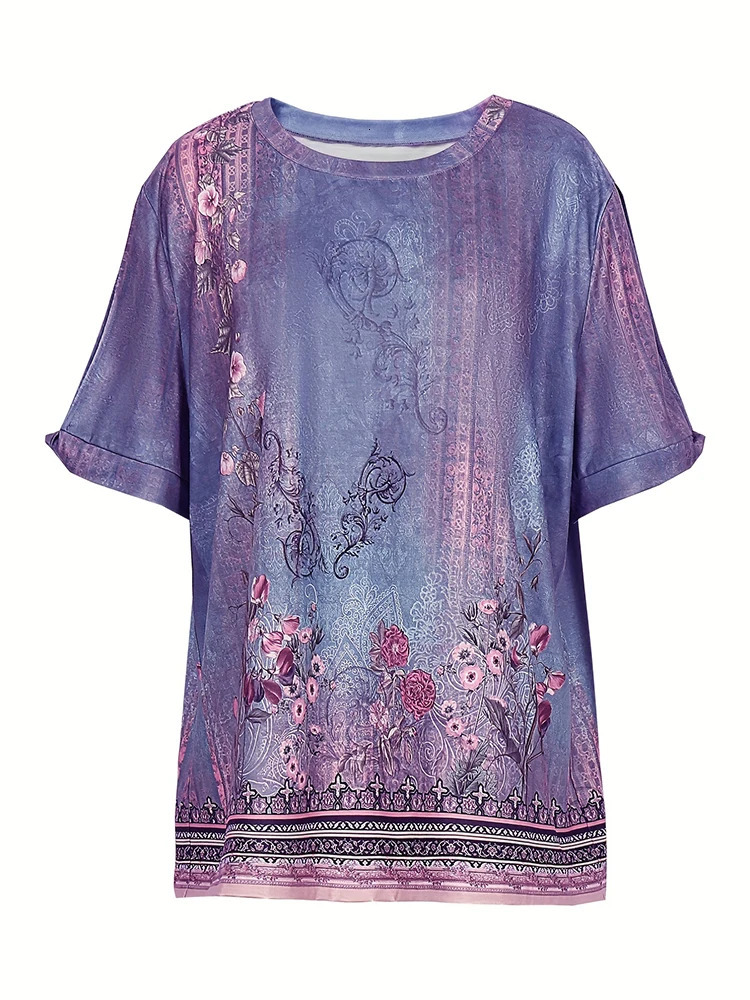 Plus Size Summer Womens Printed Pattern Round Neck Tshirt Short Sleeve Zipper 250407