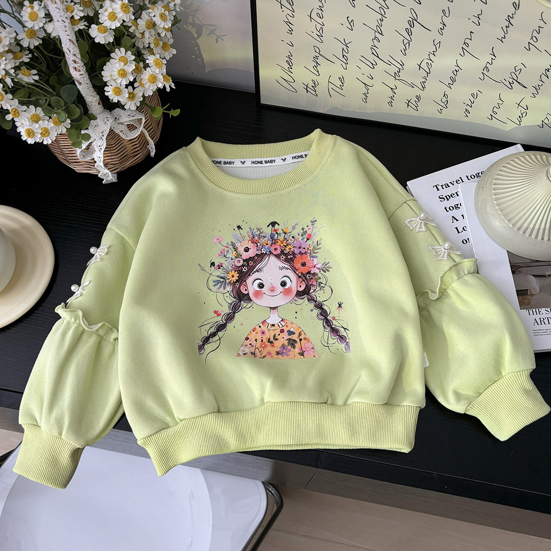 Ddmyshoesvip Girls Hoodie New Cotton Baby Princess Bow Cartoon Long Sleeved Spring And Autumn Top Round Neck Western Style