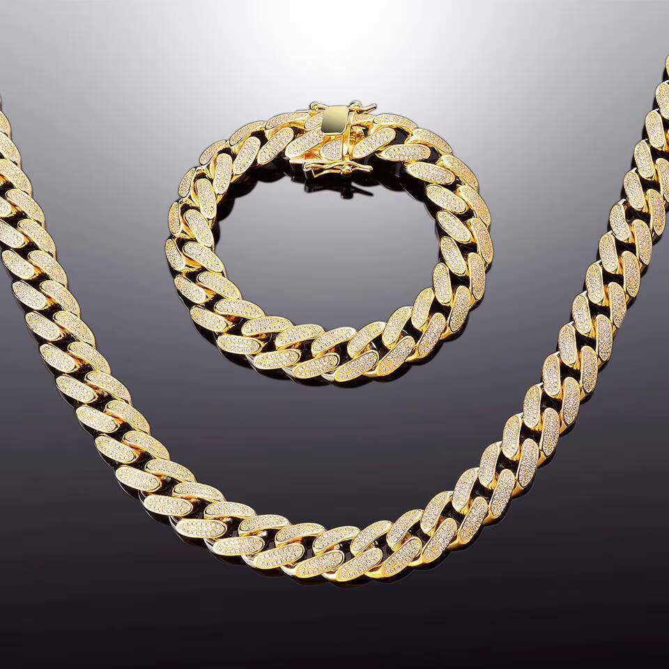 New Design Hip Hop Jewelry 14MM Gold Plated Cubic Zircon Stones 925 Sterling Silver Cuban Chain Miami Bracelet for Men