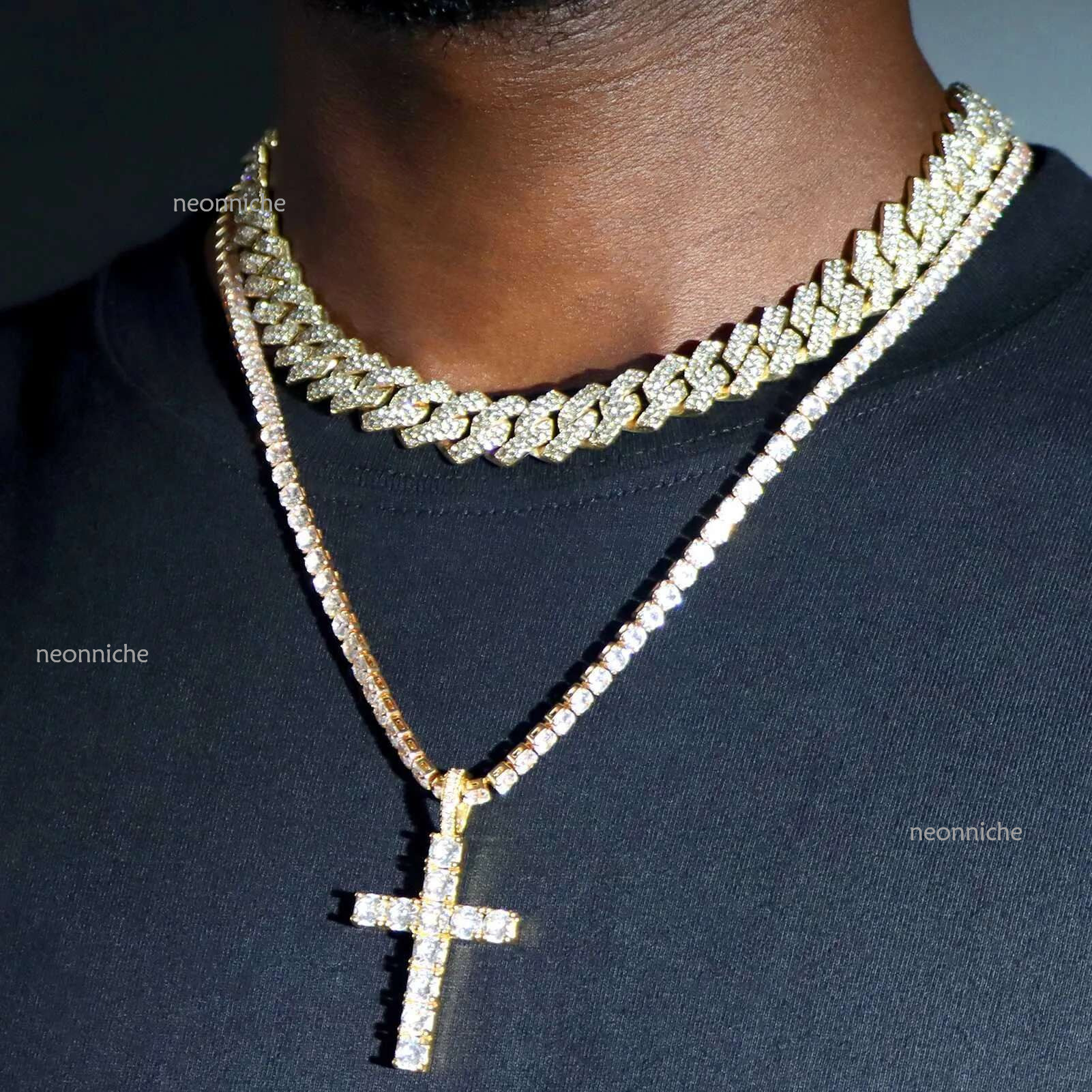Hip Hop 2pcs Cross Tennis 14MM Prong Necklace For Men Women Iced Out 2 Row Cuban k Chain Necklaces Couple JewelryX240910