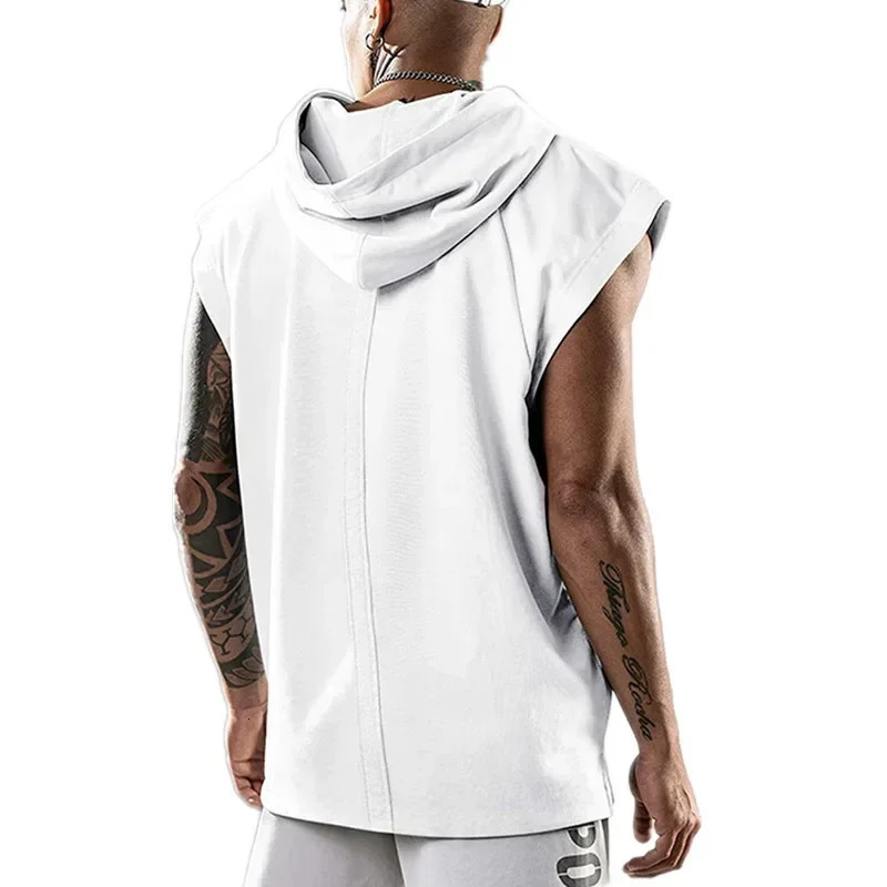 mens fitness Pullover sports casual vest sleeveless hooded loose top 250403