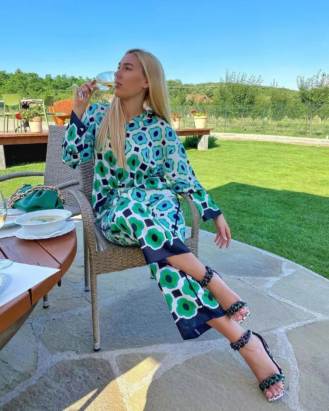 Xikom Summer Womens Retro Two Piece Bohemian Printed Loose Collar Shirt Elastic High Waist Casual Mens Pants Set 250313