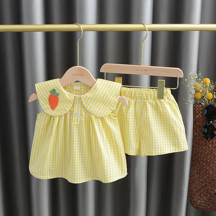 Summer Clothing Sets Baby Girl Cute Fruit Cotton Girls Plaid Sweet Princess 2pcs Suit Childrens Clothing Kids Vestidos 250407