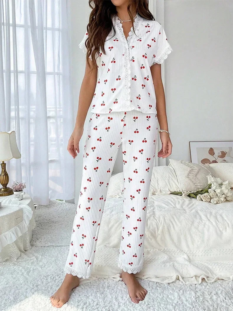 Lace Trim Women Pajama Set Short Sleeve Front Button Top FullLength Pants Cherry Print 2 Pieces Sleepwear Nightwear Homewear 250313