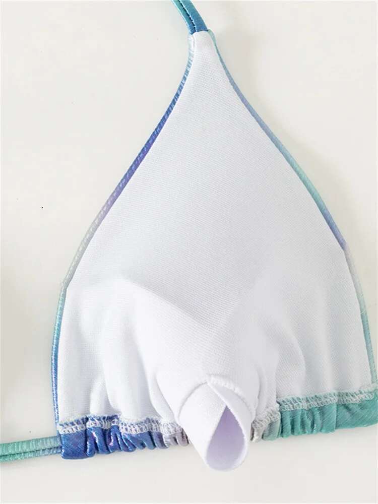 Dongdumaoyi Sexy Blue Gradient Bikini Set Women Halter Push Up Bra Tie Side Thong Swimsuit Beach Bathing Suit Triangle Swimwear Biquini
