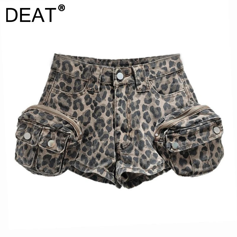 DEAT Womens Denim Shorts Leopard Printed Brown 3d Pockets Low Waist Super Short Denim Pants Summer 2025 Fashion 29A928 250407