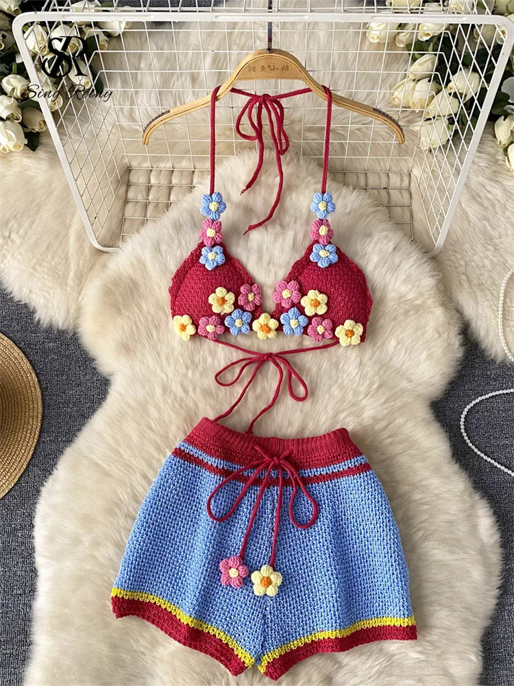 SINGREENY Bohemian Sexy Knitted Set Womens Lace Top Mini CamisShorts Fashion Strap Resort Style Beach 250313