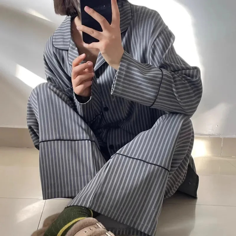 Striped Sleepwear Korean Review Pajamas Womens Spring Wear Long Sleeve Japanese Fashion Ins High Sense Simple Loose Home Suit 250313