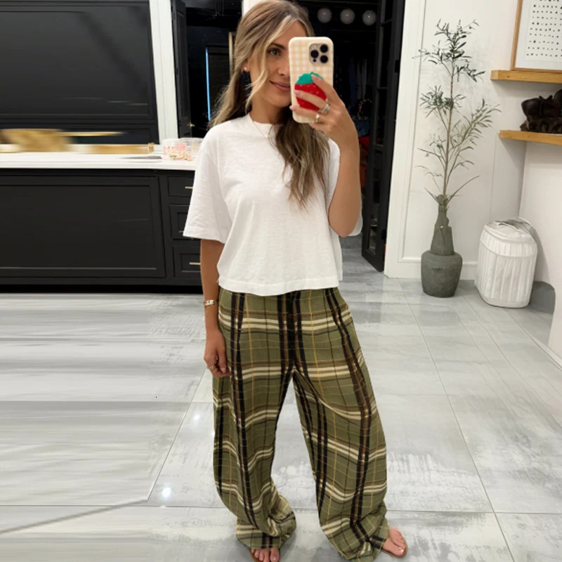 HXAO Plaid Baggy Pants Womens Pants Autumn 2025 Ladies Fashion Oversize High Waist Trousers Elegant Wide Leg Street Wear Pants251103