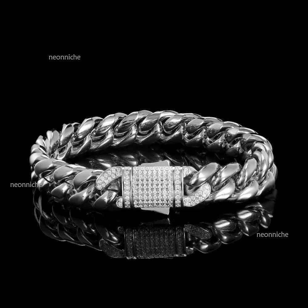 Designer Bangle Top Bg 14k gold Moissanite dia Spring Buckle Hip Hop Titanium Stainless Steel Cuban Chain Bracelet For Men Women Jewel Gift