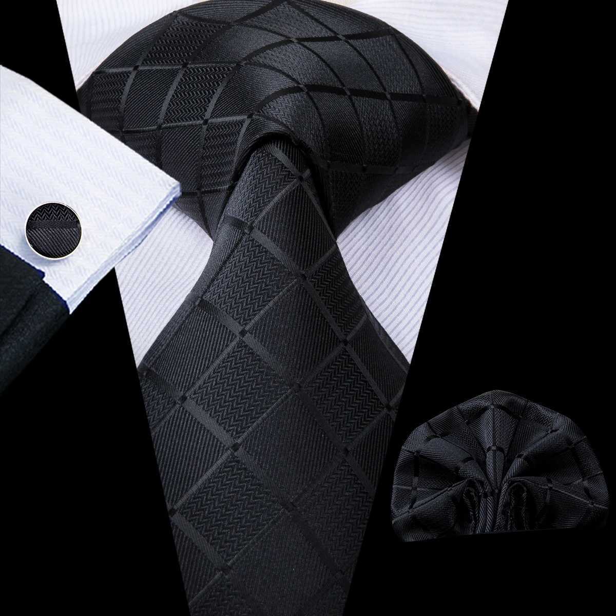 Hi-Tie Business Black Luxury Plaid Mens Tie Silk Neckties Fashion Tie Chain Hanky Cufflinks Set Design Gift For Men Wedding X250407