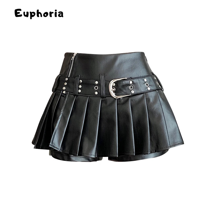 womens punk retro Aline pleated leather skis Y2k mini shorts Harajuku Nymphet Emo 2000s 250324