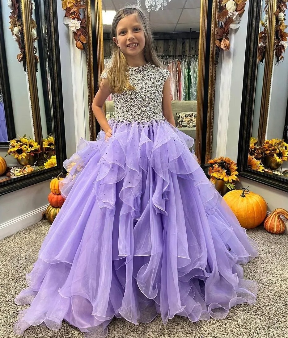 High Neck Girl Pageant Dress 2026 Cap Sleeves Ballgown Crystals Ruffled Organza Kids Birthday Formal Party Gown Toddler Teens Preteen Little Miss Hand