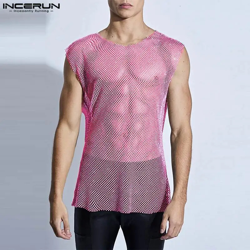 Summer three-way INCERUN mens round neck sleeveless tank top without back low cut mesh transparent mens clothing super large S-5XL 250403