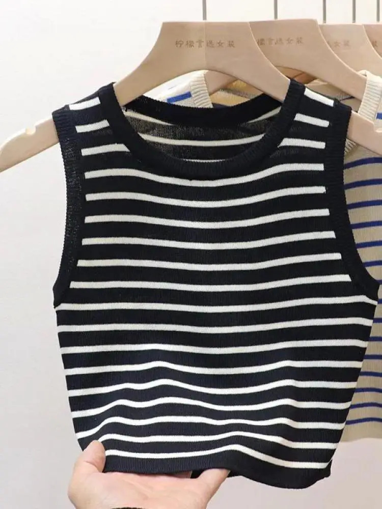 Summer Spring Striped Vest Womens Sleeveless Knitted Tshirt Crop Top Elastic Ultra Thin Casual Zipper 250407