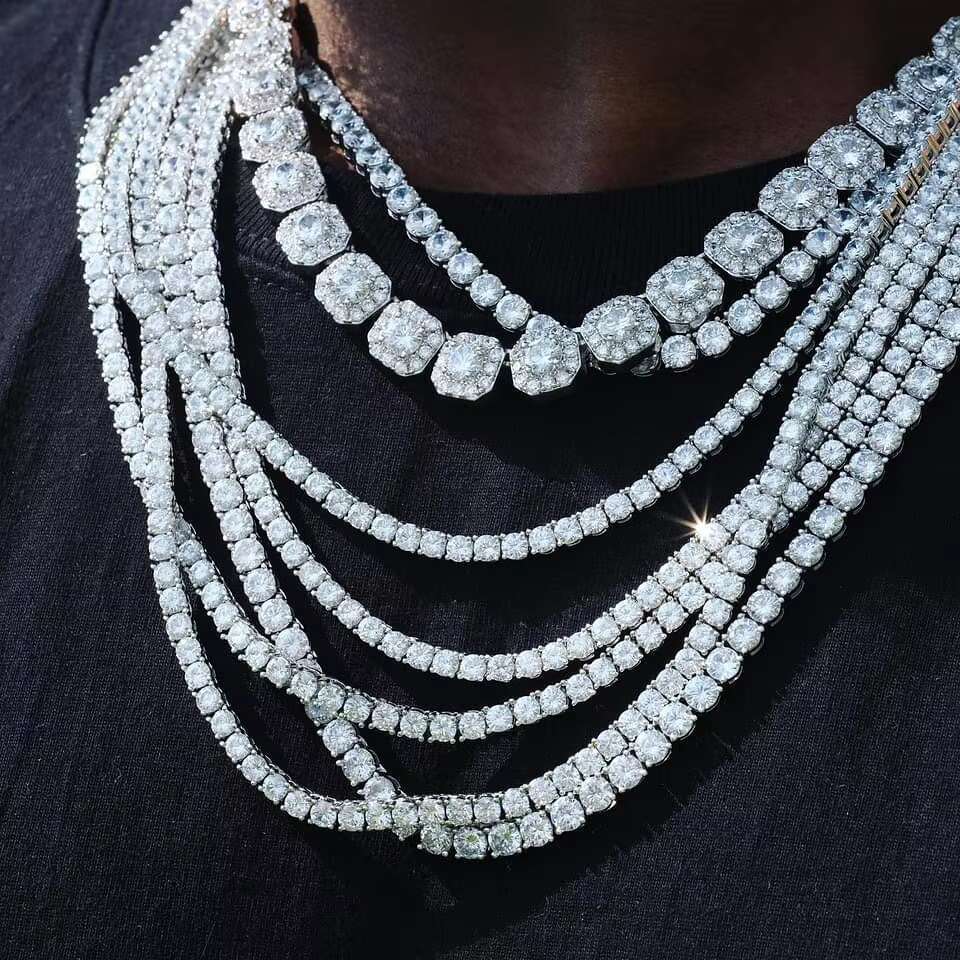 Hip Hop Moissanite Chain 10MM Link Shape 925 Sterling Silver Grade D Moissanite Tennis Chain