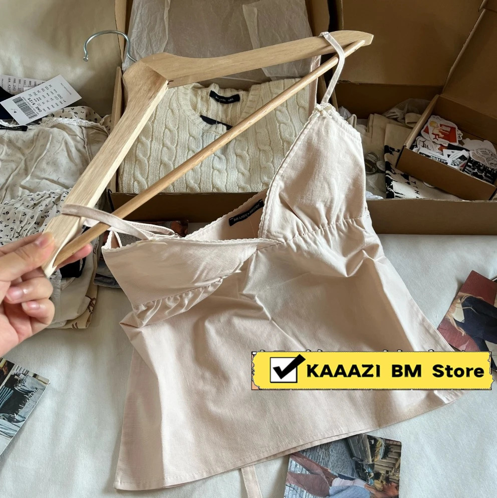 Womens summer sweet crop top sleeveless Vneck shoulder strap solid vest simple Y2k casual Versatile 250407