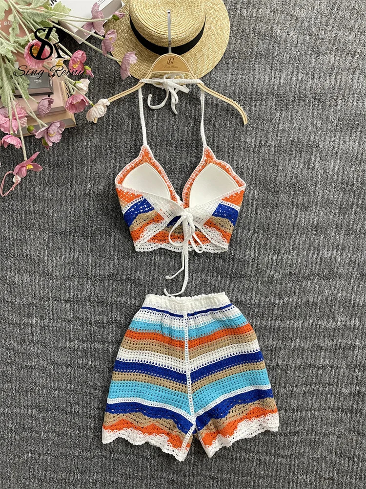 SINGREENY striped beach twopiece set for women strapless back mini Camiswing leg shorts fashionable Korean Bohemian vacation 250313