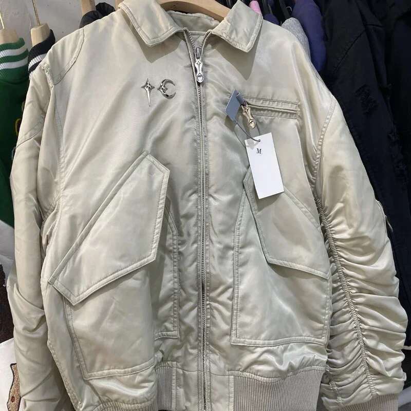 Winter Thug Club Star Moon Back Rivet Metal Zipper Bomber Flight Jackets Multi Pockets Men Women Thick Cotton Casual Jacket