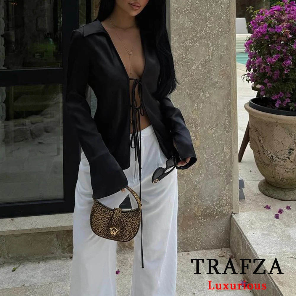 TRAFZA sexy black satin tie shirt womens long sleeved Vneck ultrathin top fashionable summer elegant silk 250407