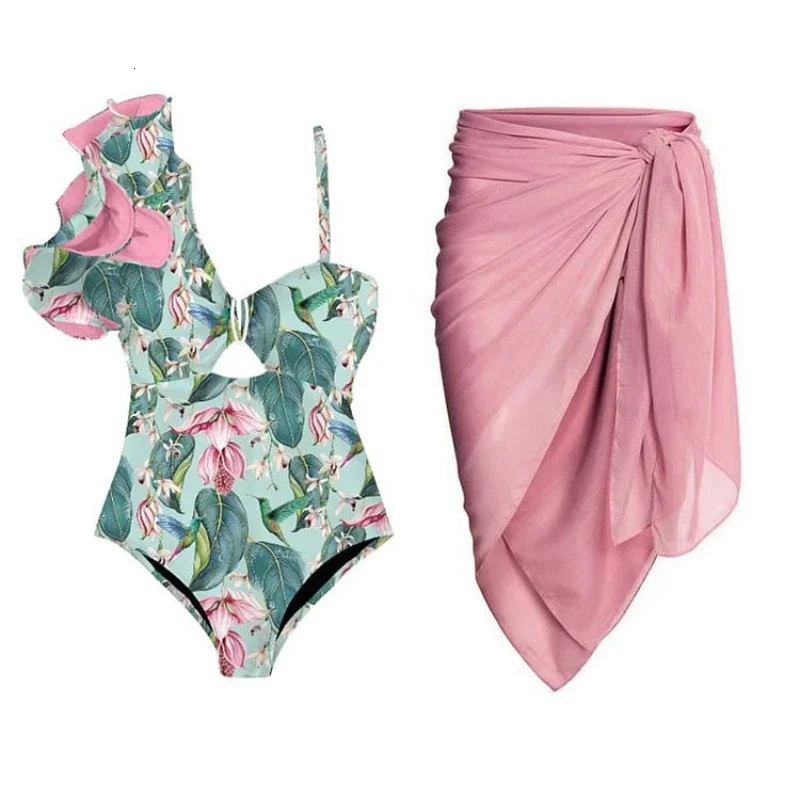 Green suspension ruffled swimsuit high waist onepiece cut bikini and pink chiffon elegant suitable for women 250313