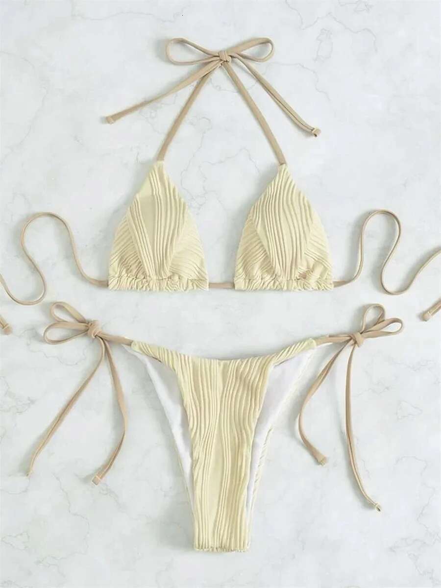 Dongdumaoyi Sexy Tie Side Triangle Bikini Swimwear Women White Orange Cut Out Pleate Micro Bikinis Summer Bathing Suit Push Up